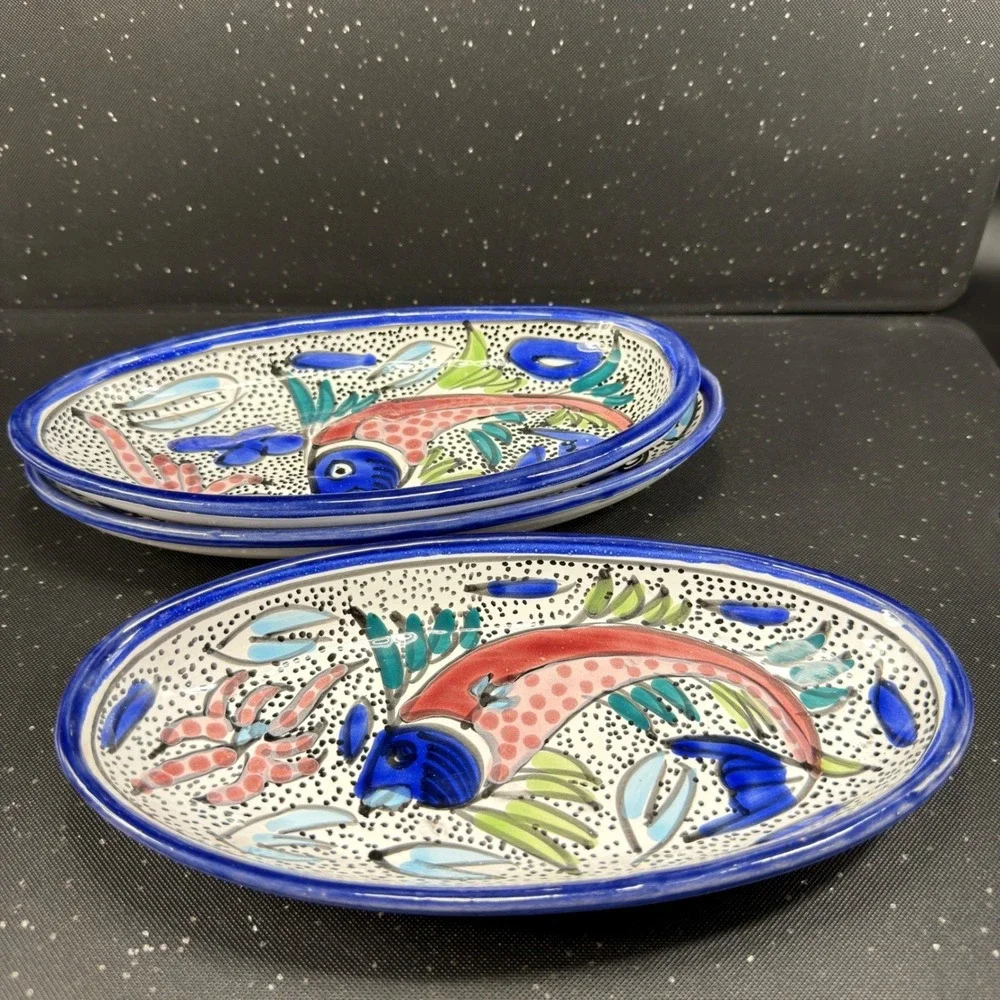 Le Souk Tunisia Azure Fish Hand Painted Oval Serving Bowls Set of 3 Blue Red 9in